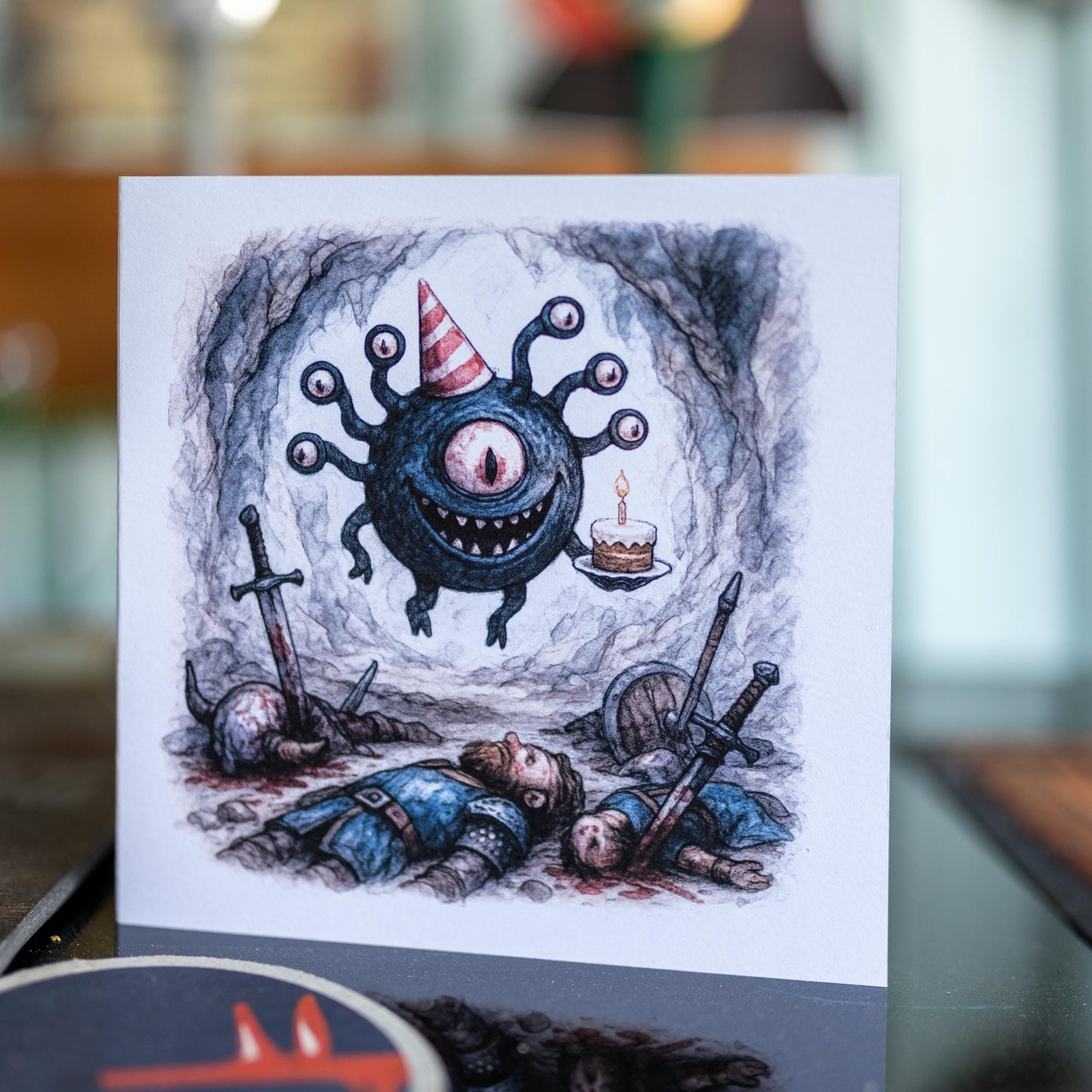 Beholder Birthday Card – Funny Monster Cake Illustration – DnD Inspired Fantasy Greeting – Dark Humour Gamer Card – Handmade Geek Gift