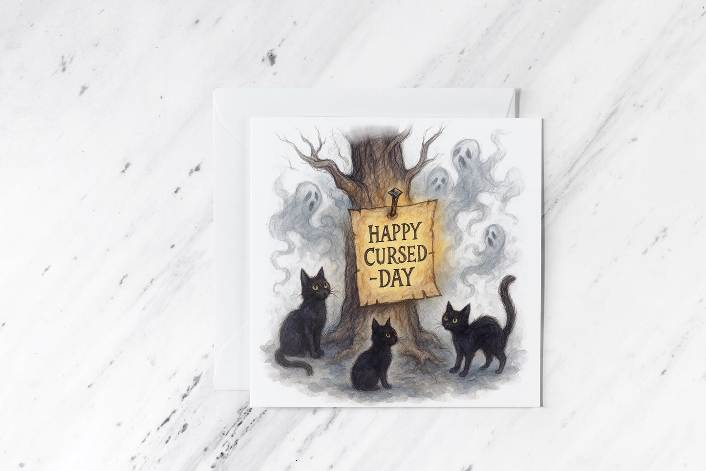 Happy Cursed-Day Gothic Birthday Card – Witchy Humour with Black Cats & Ghosts – Spooky Watercolour design – Handmade Alternative Greeting