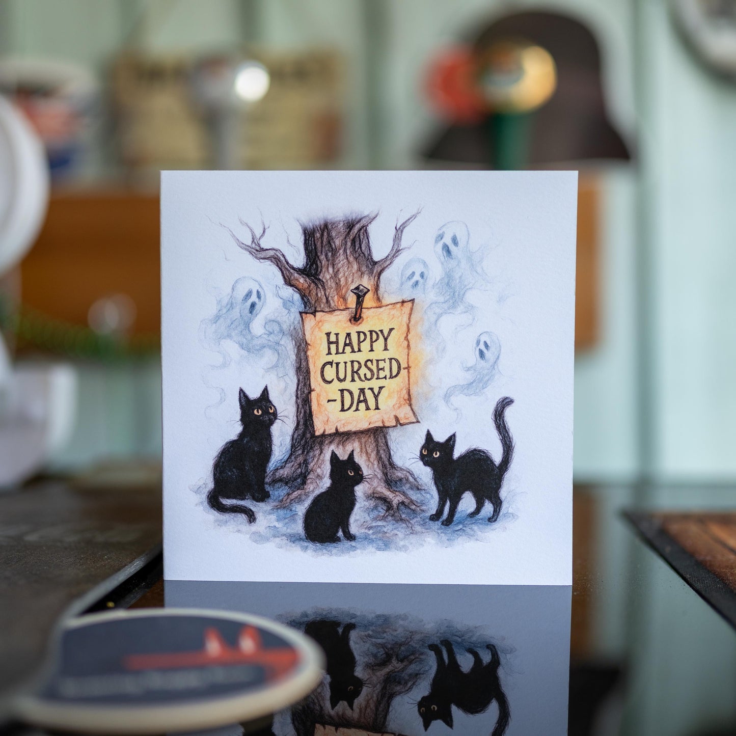 Happy Cursed-Day Gothic Birthday Card – Witchy Humour with Black Cats & Ghosts – Spooky Watercolour design – Handmade Alternative Greeting