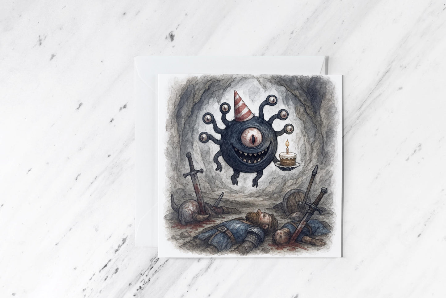 Beholder Birthday Card – Funny Monster Cake Illustration – DnD Inspired Fantasy Greeting – Dark Humour Gamer Card – Handmade Geek Gift