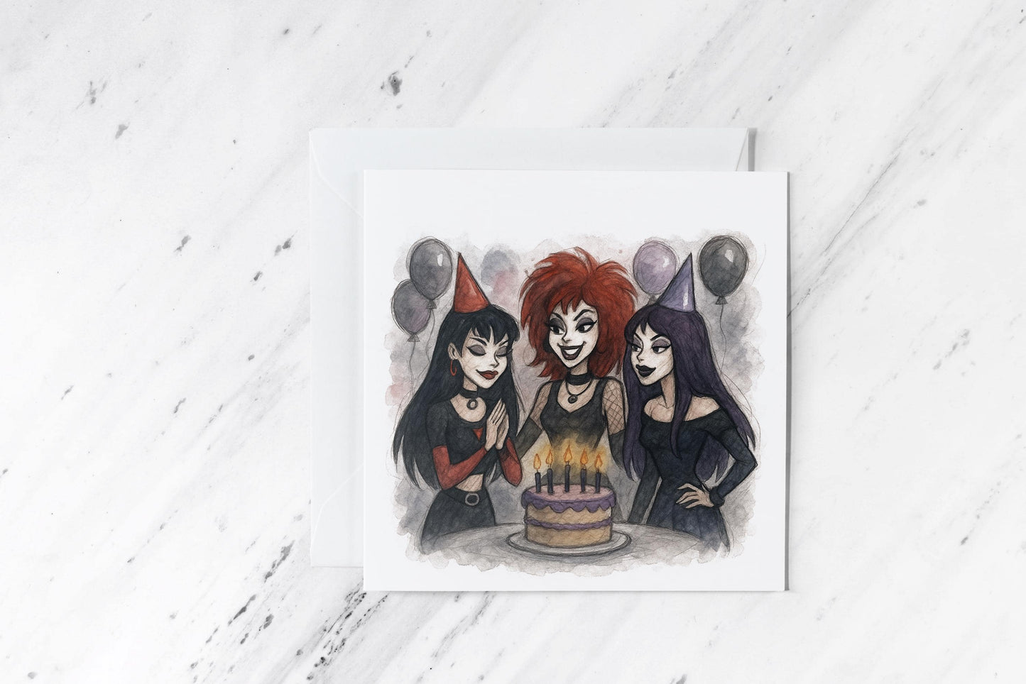 Hex Girls Birthday Card – Gothic Cartoon Band-Inspired Art – Witchy Party Greeting – Scooby-Doo Girl Card – Handmade Alternative Birthday