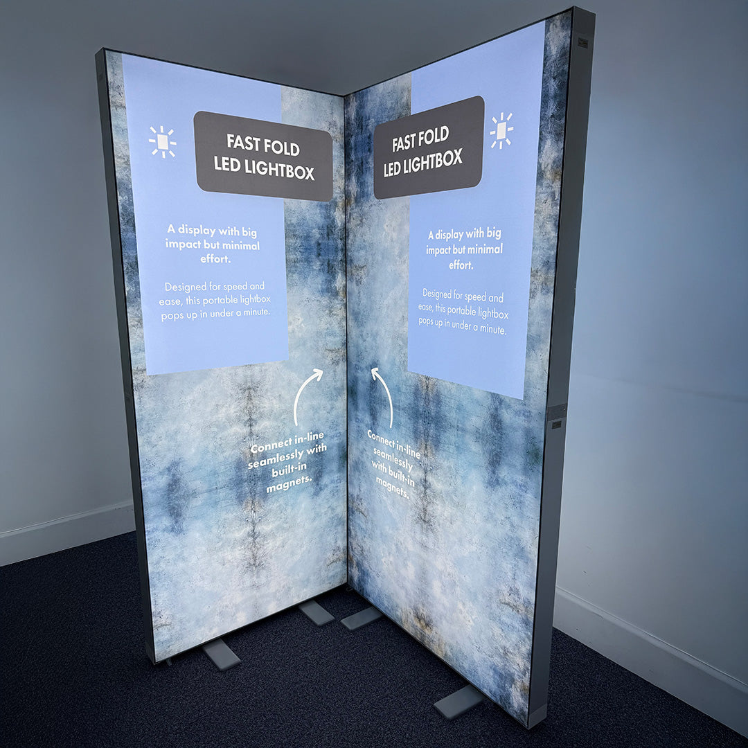 FAST-FOLD LED lightboxes joined in a right-angle configuration