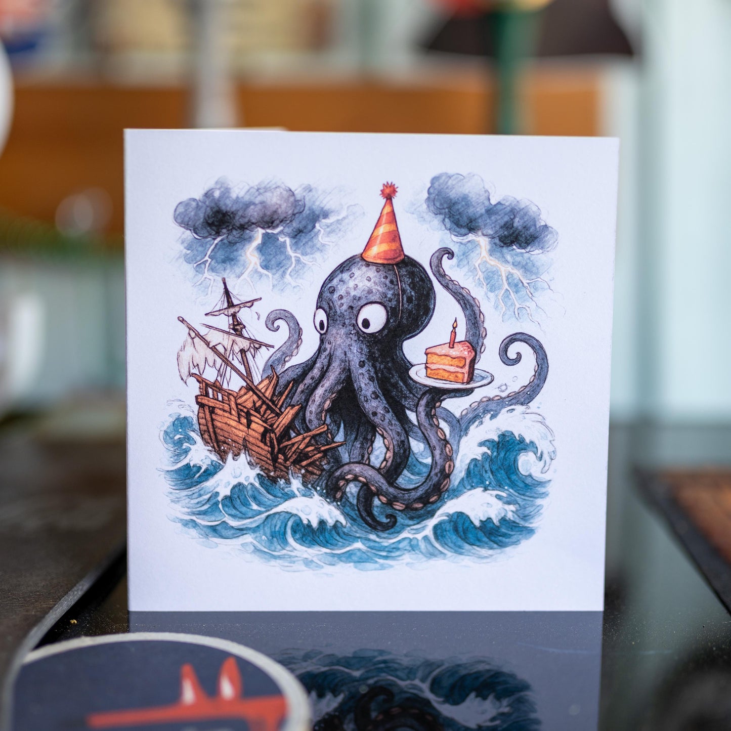 Kraken Birthday Card – Funny Octopus Cake Illustration – Nautical Sea Monster Greeting – Watercolour Tentacle Art – Alternative Party Card