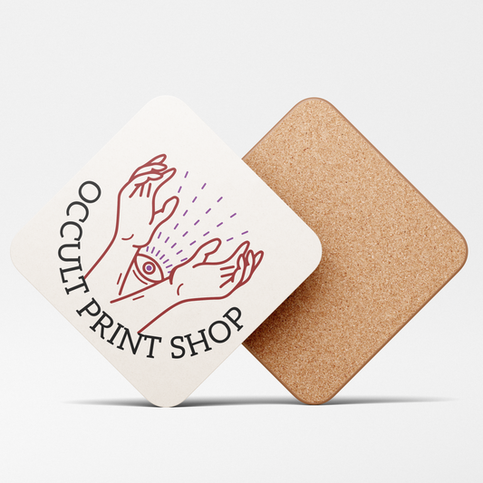 Custom 9 × 9 cm cork-backed coaster printed with customer artwork, alternative finished example.