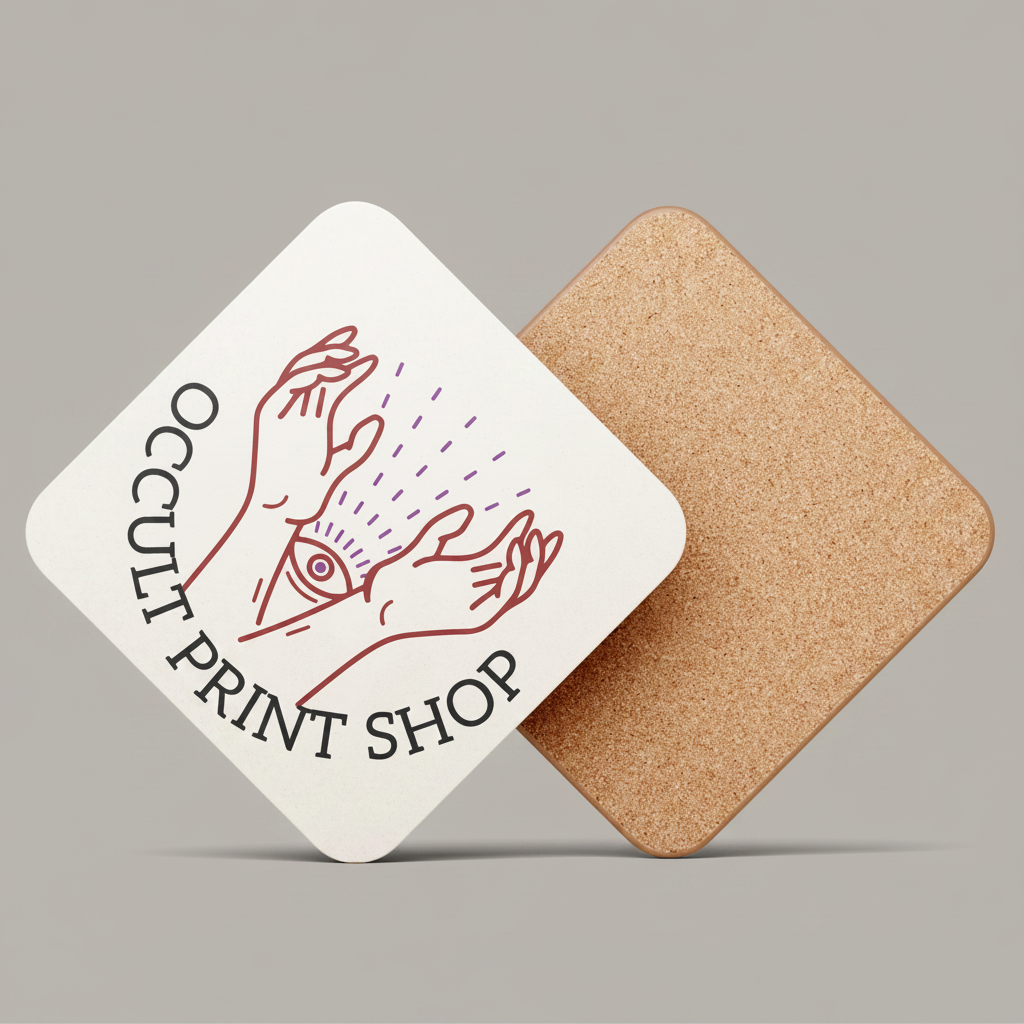 Custom 9 × 9 cm cork-backed coaster printed with customer artwork, detail view.