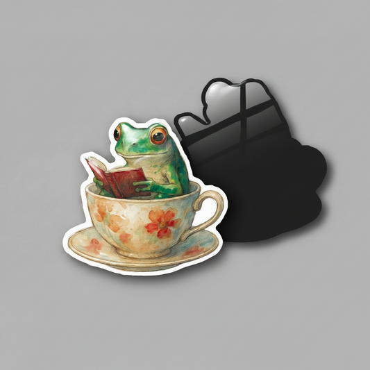 A die-cut sticker featuring a green frog sitting in a floral teacup and saucer, holding a red book, shown on a gray background with a black shadow silhouette behind it.