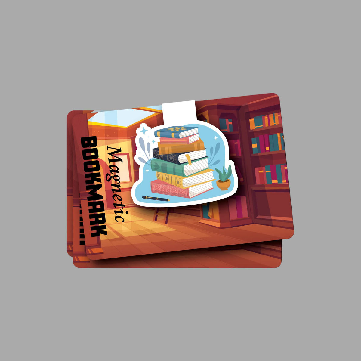 Custom fold-over magnetic bookmark printed from customer-supplied artwork, finished product example.