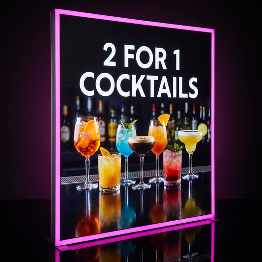 A vertical illuminated sign with a bright pink neon border displays the text '2 FOR 1 COCKTAILS' above a row of colorful cocktails on a bar counter, set against a dark bar background.