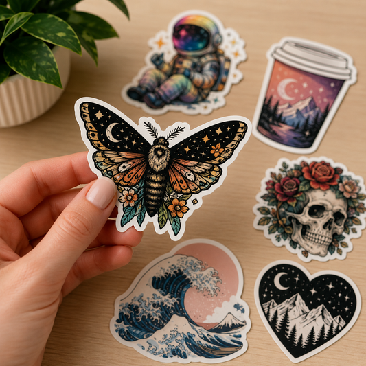 A hand holds a die-cut sticker featuring a detailed moth with a crescent moon and flowers on its wings. Surrounding it on a light wood surface are other colorful sticker designs, including an astronaut, a coffee cup with a moon scene, a skull with roses, a wave-style mountain print, and a black mountain night scene in a heart shape.