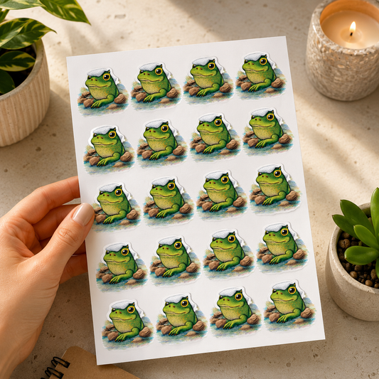 A hand holds a sheet of 20 die-cut stickers featuring cartoon green frogs sitting in shallow water, displayed on a light beige tabletop with potted plants and a lit candle in the background.