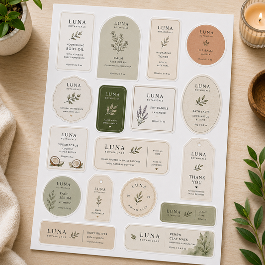 A sheet of multiple LUNA Botanicals product labels and stickers in soft neutral tones, arranged on a light wood surface with small plants and a lit candle nearby.