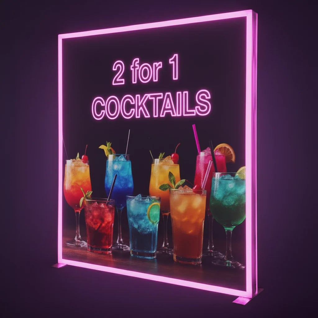 A neon-style sign with a bright pink border and the text '2 for 1 COCKTAILS' above a row of colorful cocktails in glasses, shown against a dark background.
