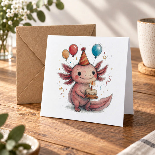 Axolotl Greeting Card – Warm Wood