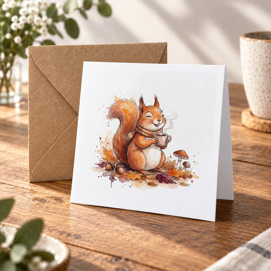 Autumn Squirrel Greeting Card – Warm Wood