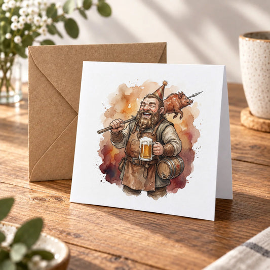Dwarf Tavern Greeting Card – Warm Wood