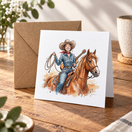 Cowgirl & Horse Greeting Card – Warm Wood
