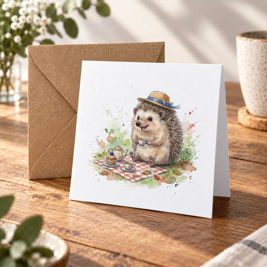Hedgehog Tea Party Greeting Card – Warm Wood