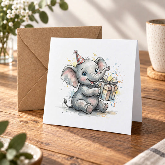Baby Elephant Present Greeting Card – Warm Wood
