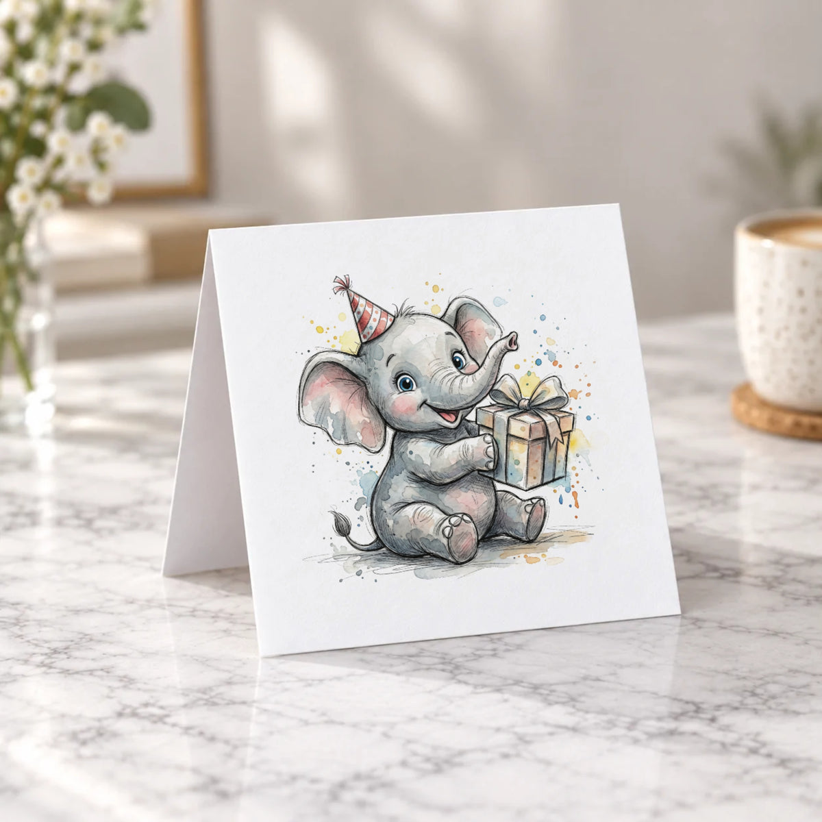 Baby Elephant Present Greeting Card – Tent Fold