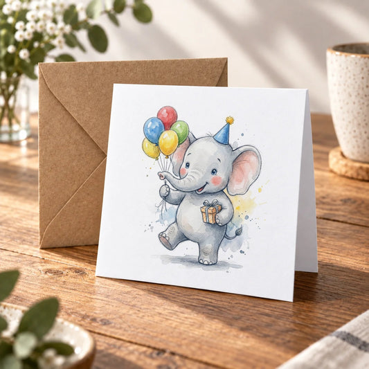 Baby Elephant Balloons Greeting Card – Warm Wood