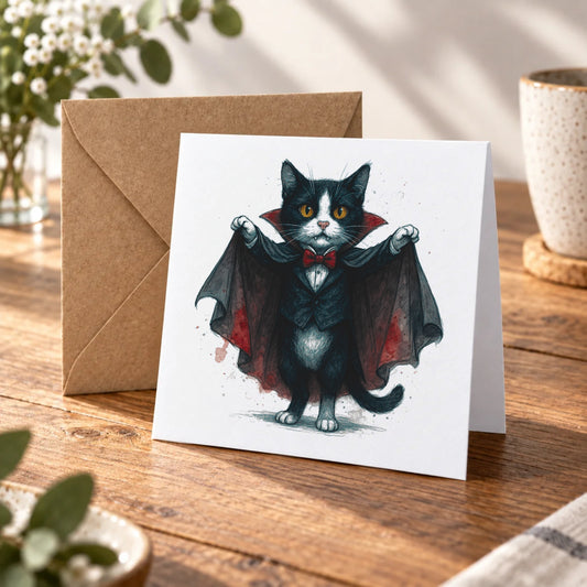 Vampire Cat Greeting Card – Warm Wood