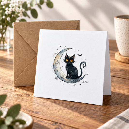 Black Cat Moon Greeting Card – Warm Wood