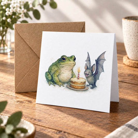 Frog & Bat Greeting Card – Warm Wood