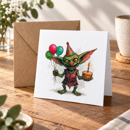 Mischievous Goblin Greeting Card – Warm Wood