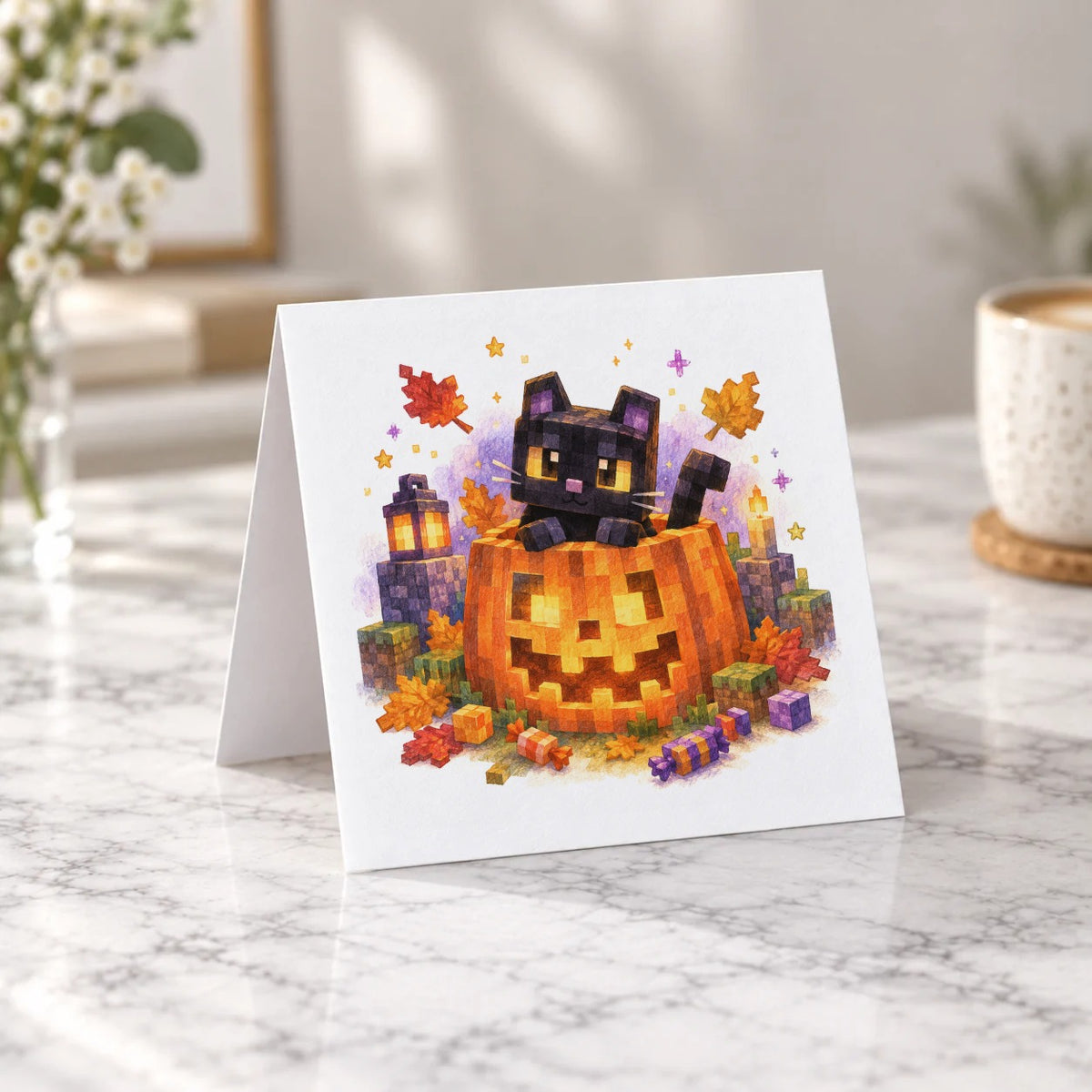 Blocky Fantasy Party - Black Cat on Jack O Lantern Greeting Card – Tent Fold