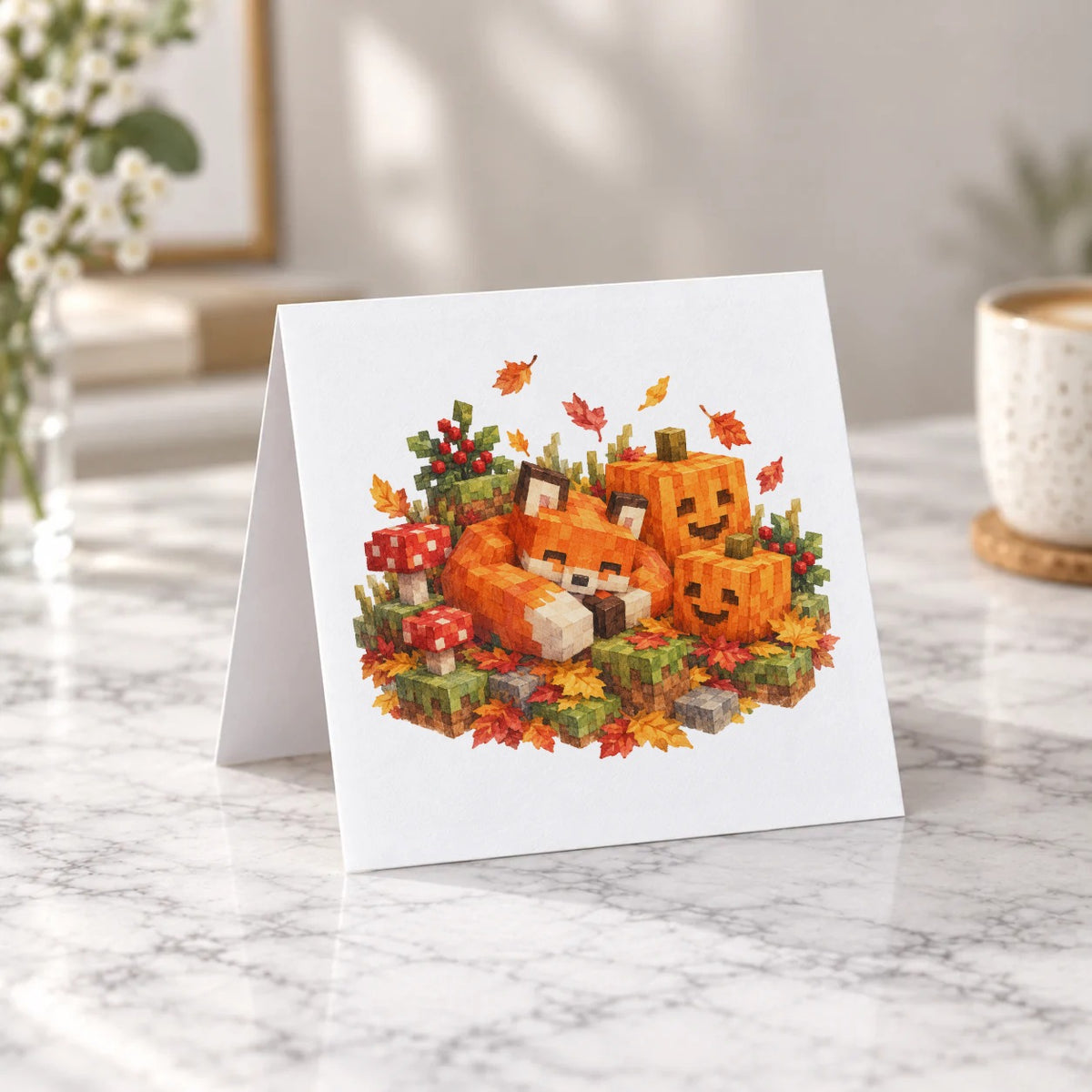 Blocky Fantasy Party - Fox with Autumn Pumpkins Greeting Card – Tent Fold