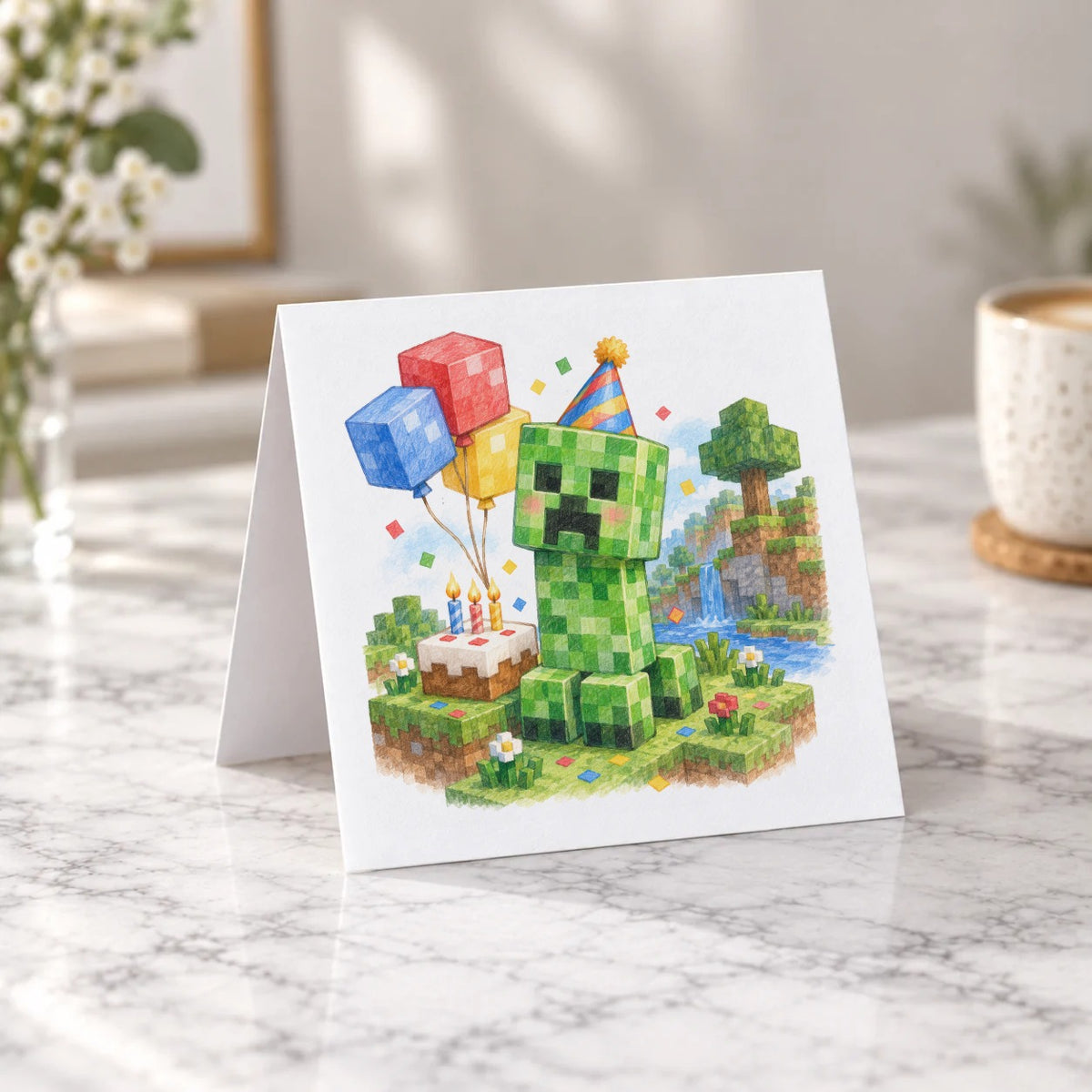 Blocky Fantasy Party - Green Party Creature and Cake Greeting Card – Tent Fold