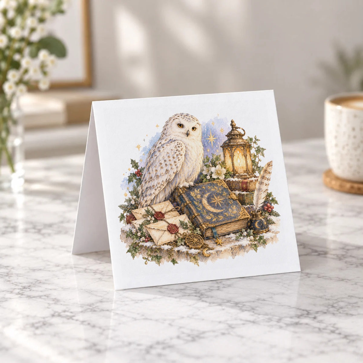 Snowy Owl with Lantern and Enchanted Letters Greeting Card – Tent Fold