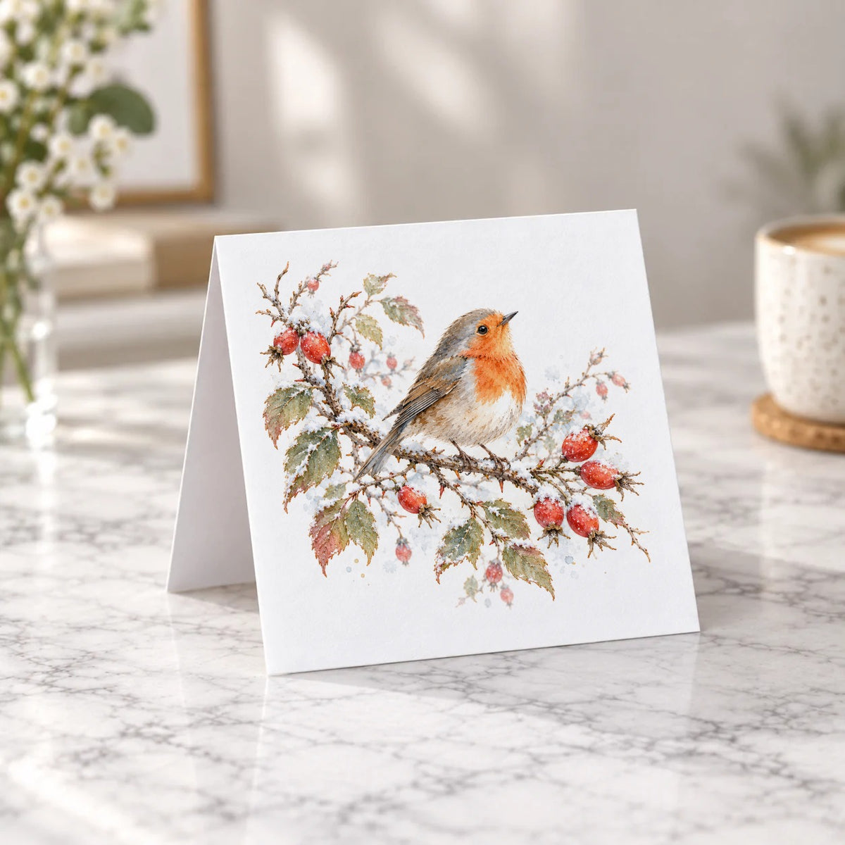 Winter Robin and Rosehips Greeting Card – Tent Fold