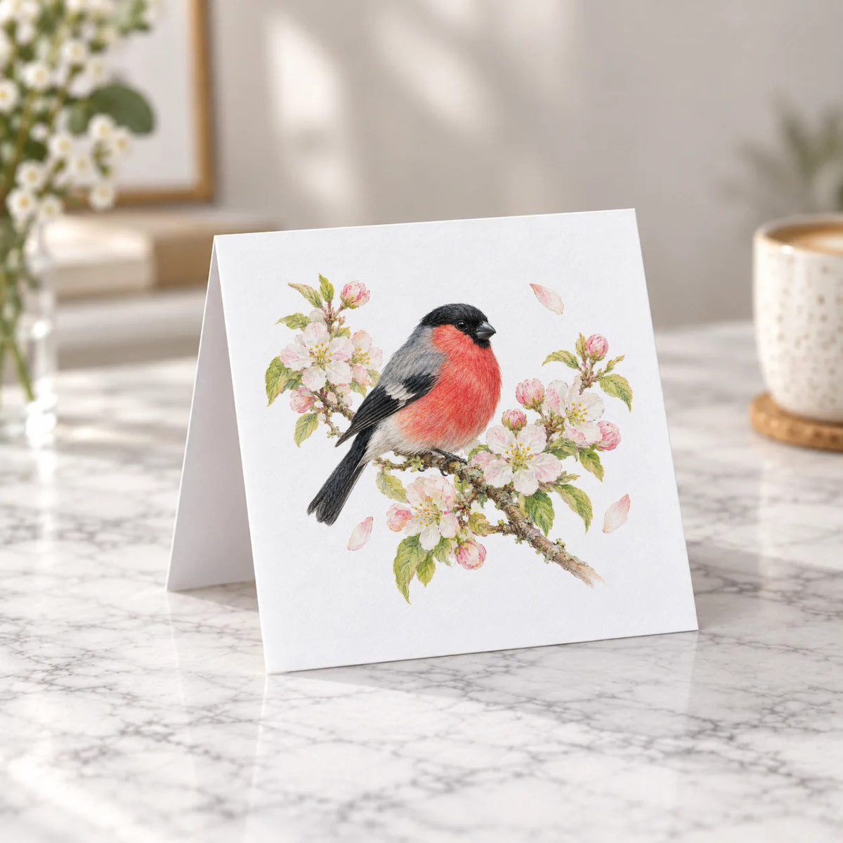 Bullfinch and Spring Blossoms Greeting Card – Tent Fold