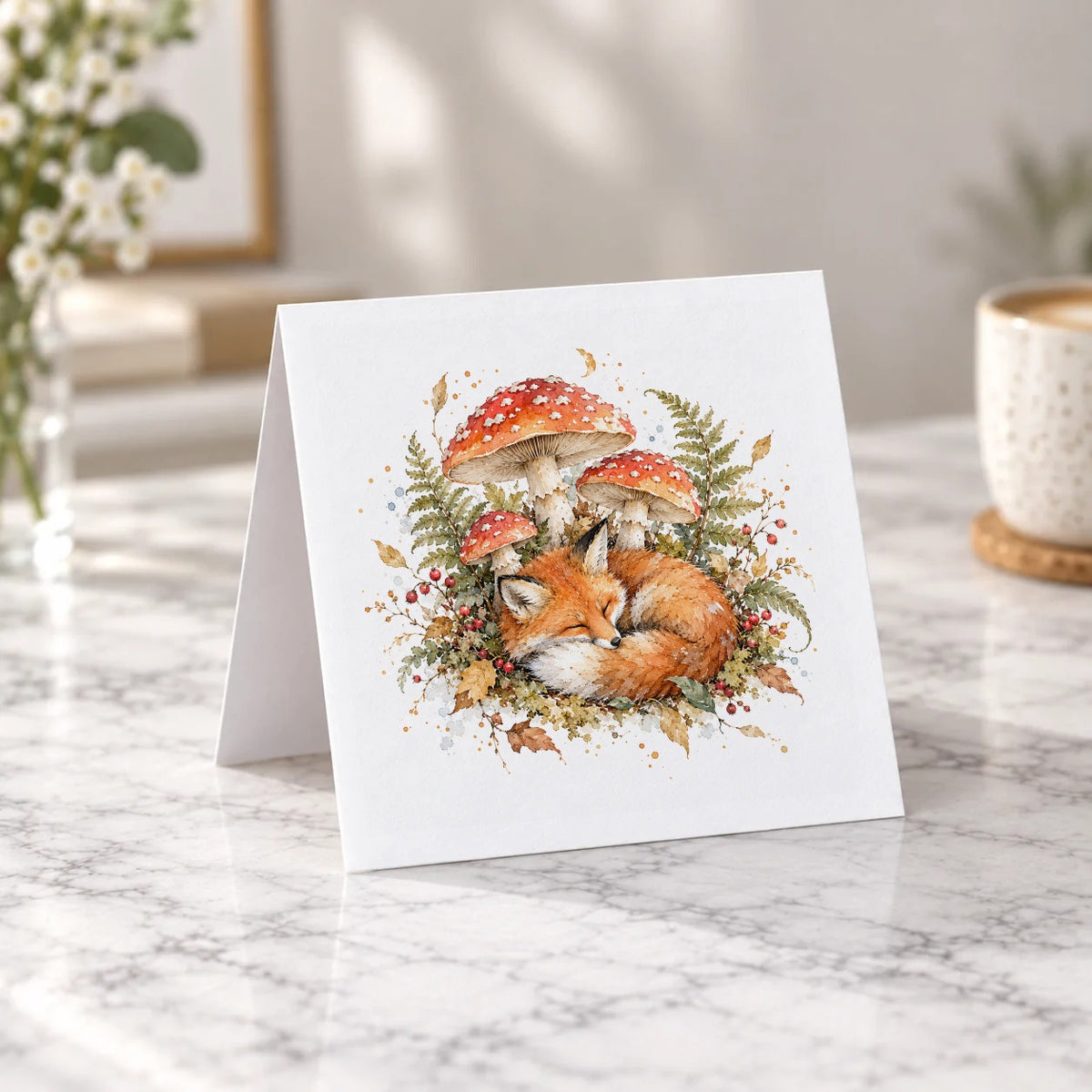 Sleeping Fox and Autumn Toadstools Greeting Card – Tent Fold