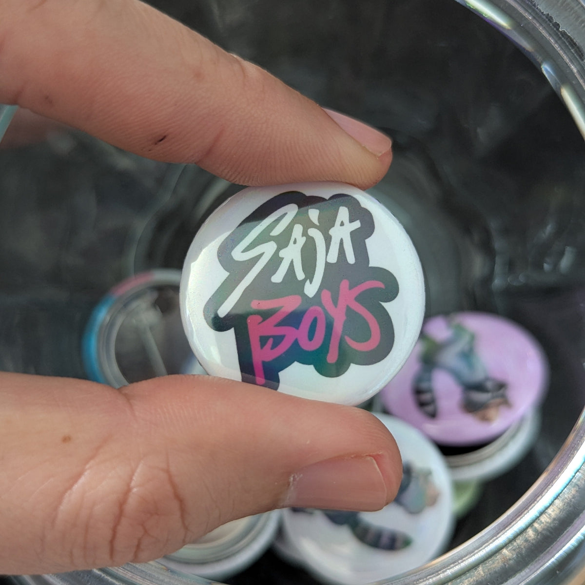 Custom printed button badge created from customer-supplied artwork, customer artwork example.