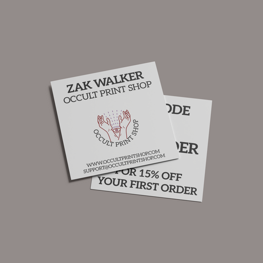 Two business cards for Zak Walker Occult Print Shop on a gray background.