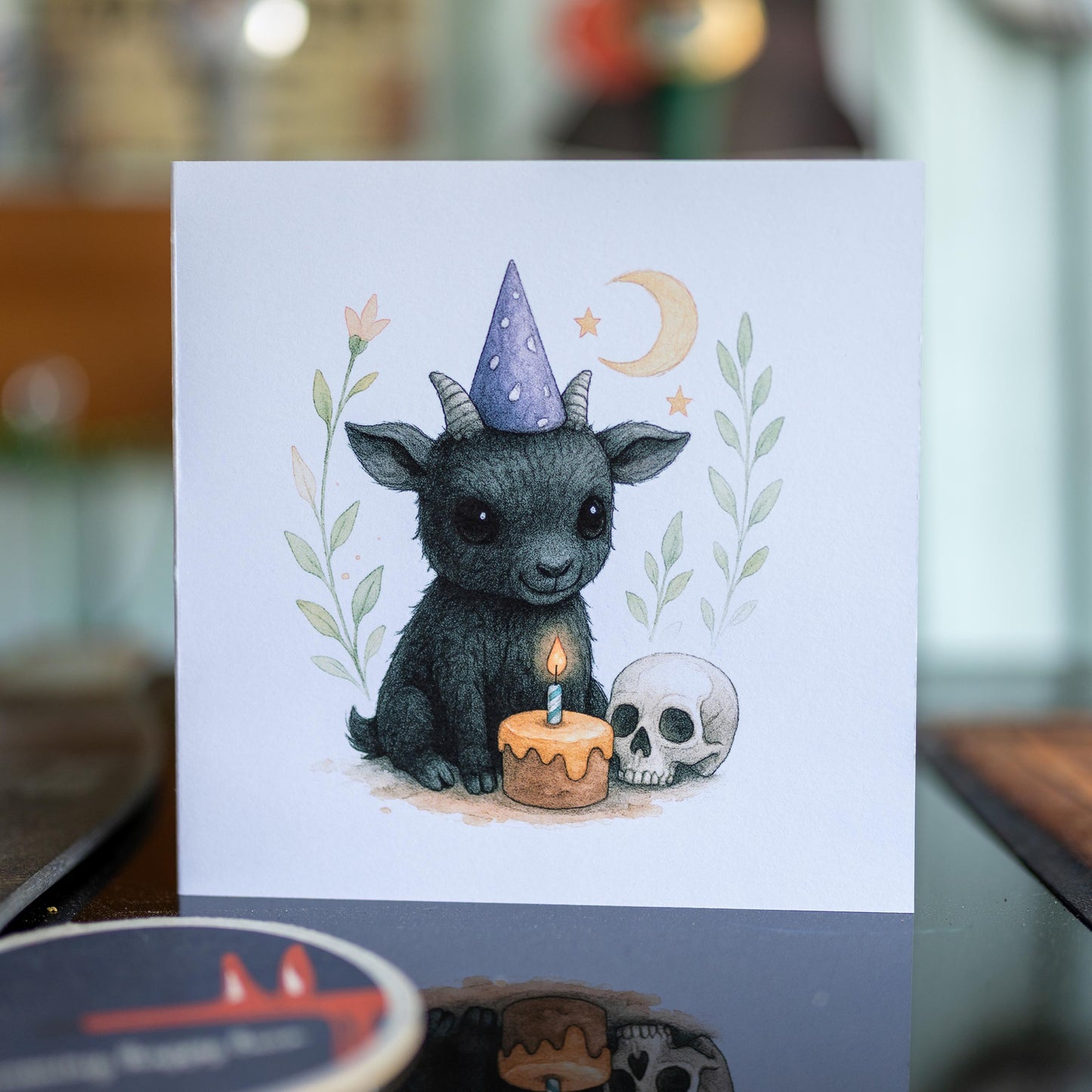 Cute Occult Goat Birthday Card – Black Goat Cake Skull – Gothic Watercolour Illustration – Pagan Witchy Greeting – Alternative Birthday Card