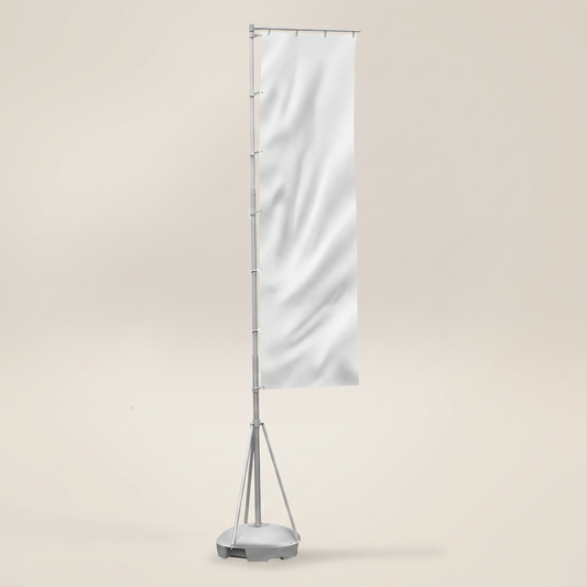 Blank custom telescopic flag system showing printable flag, telescopic pole and moulded water base.