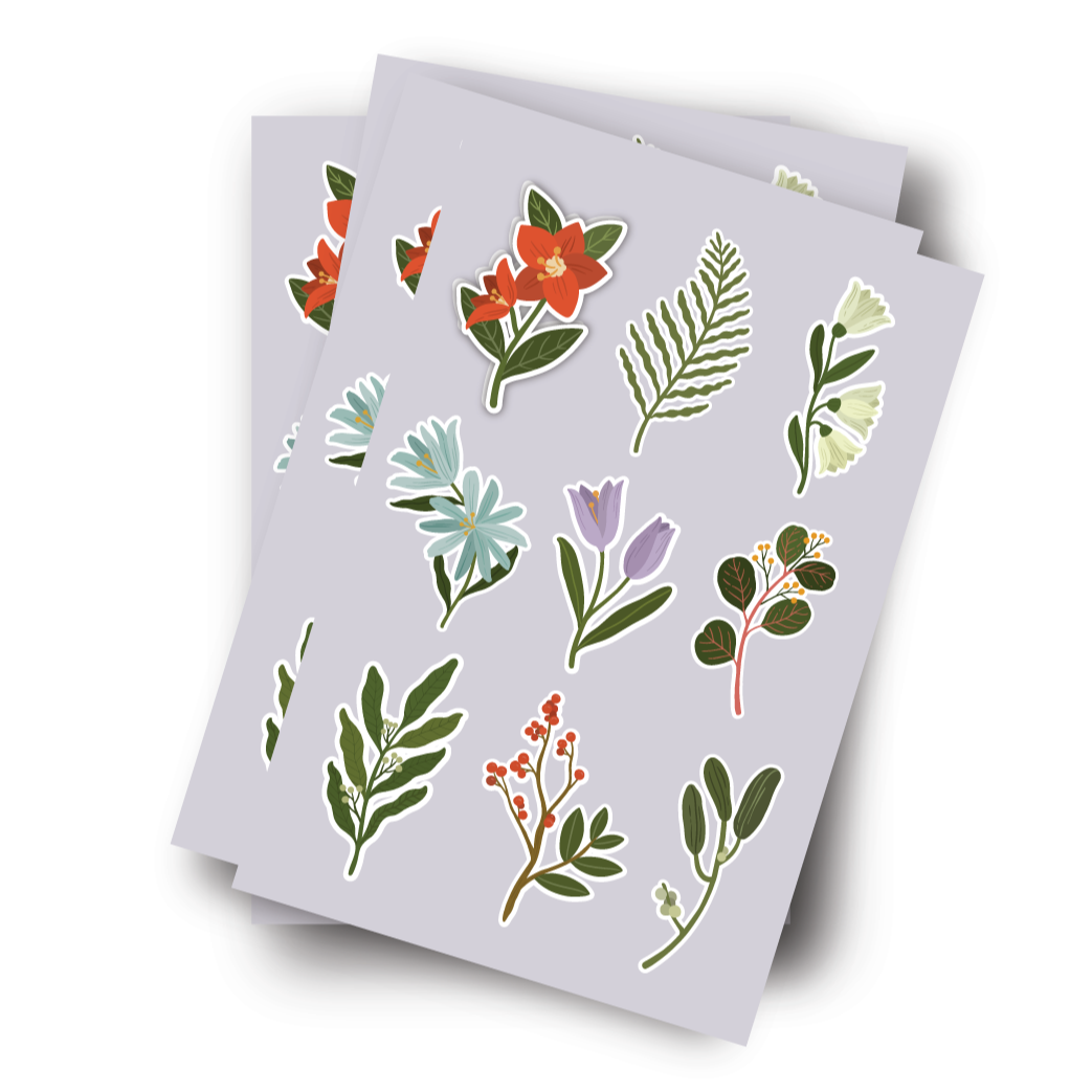 A PRINTED CUSTOM STICKER SHEET WITH FLORAL FLOWERS PRINTED AT OCCULT PRINT SHOP VIBRANT COLOURS MULTI DESIGNS, CUSTOM STICKERS