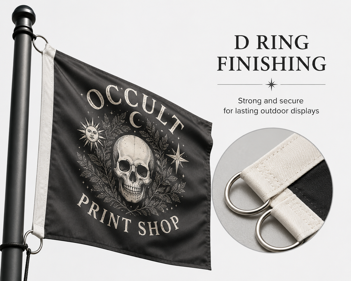 Flag with skull design and 'Occult Print Shop' text, featuring D ring finishing.