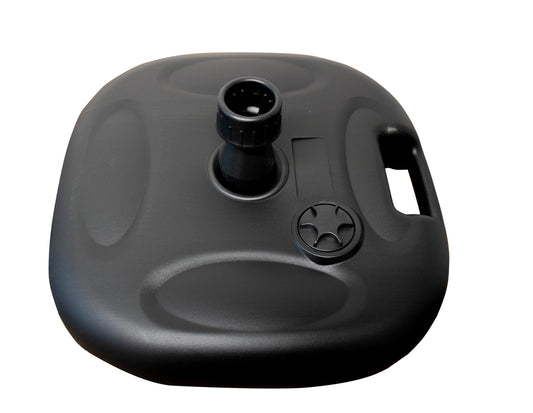 Front view of the 20 litre water-fillable flag base showing pole fitting, fill cap and carry handle