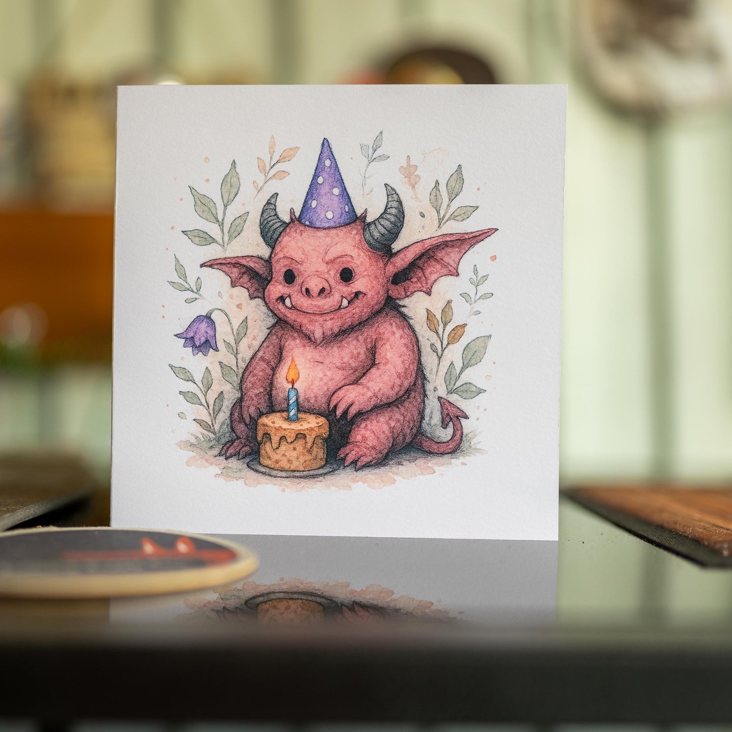 Cute Demon Birthday Card – Watercolour Monster with Cake – Occult Goth Greetings card – Funny Fantasy Birthday – Eco-Friendly Square Card