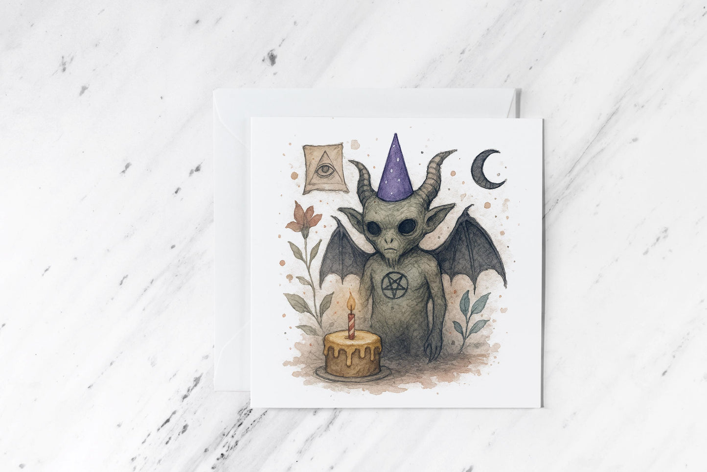 Occult Birthday Card – Watercolour Demon Goat with Cake – Baphomet-Inspired Greeting – Goth Alternative Stationery – Pagan Birthday Art