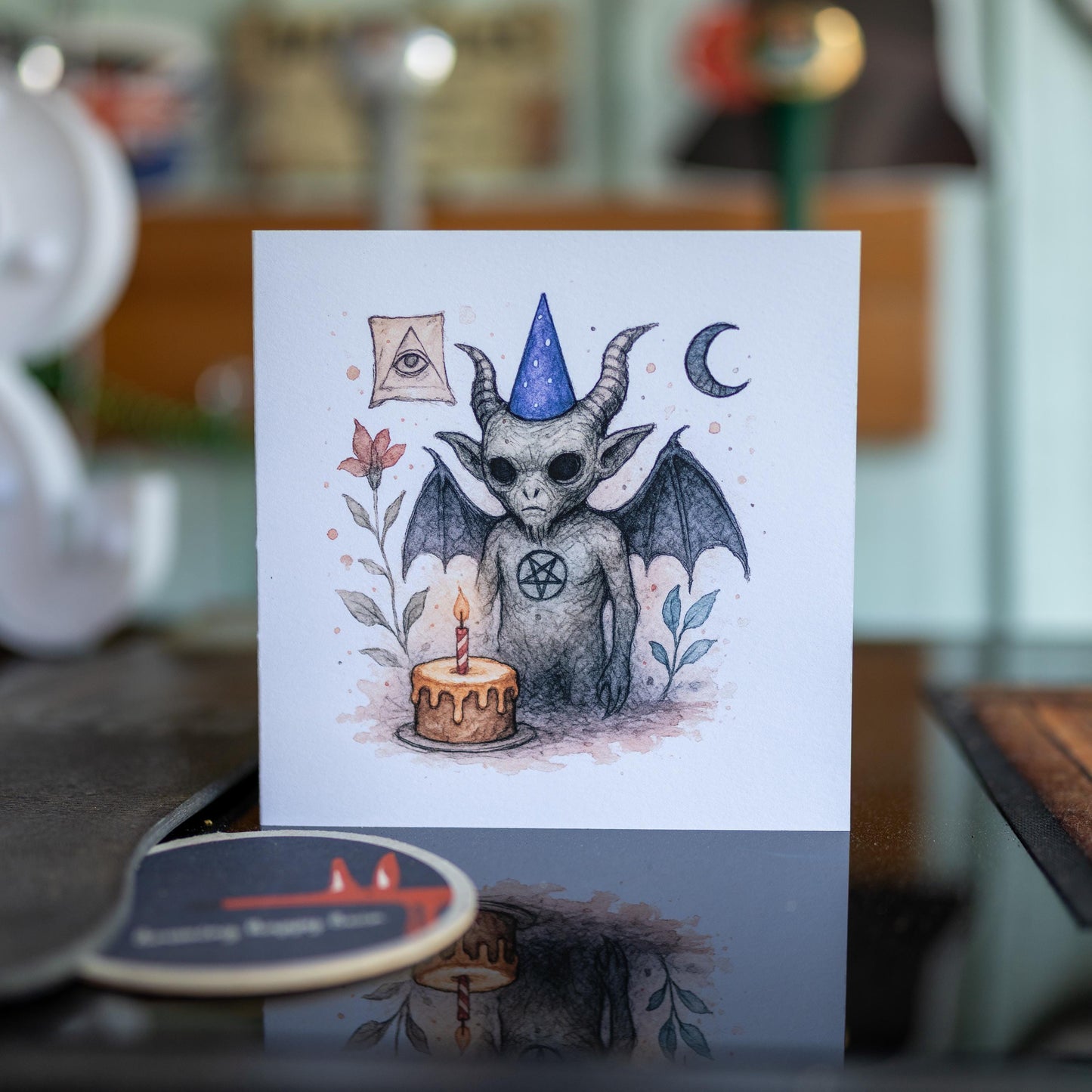 Occult Birthday Card – Watercolour Demon Goat with Cake – Baphomet-Inspired Greeting – Goth Alternative Stationery – Pagan Birthday Art