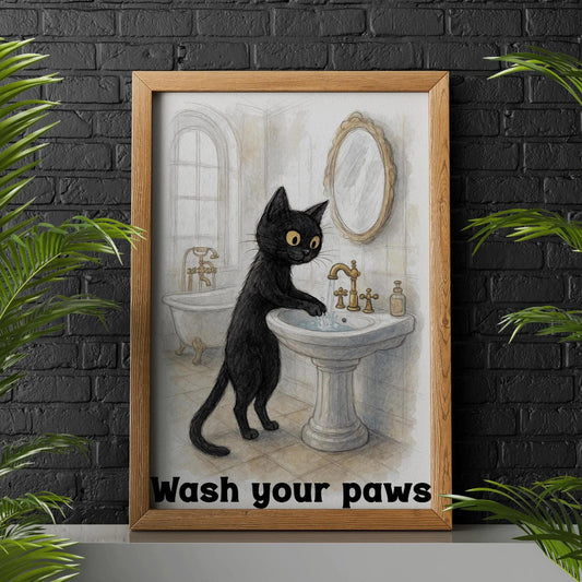Framed artwork of a black cat at a sink with text 'Wash your paws' on a dark brick wall background.
