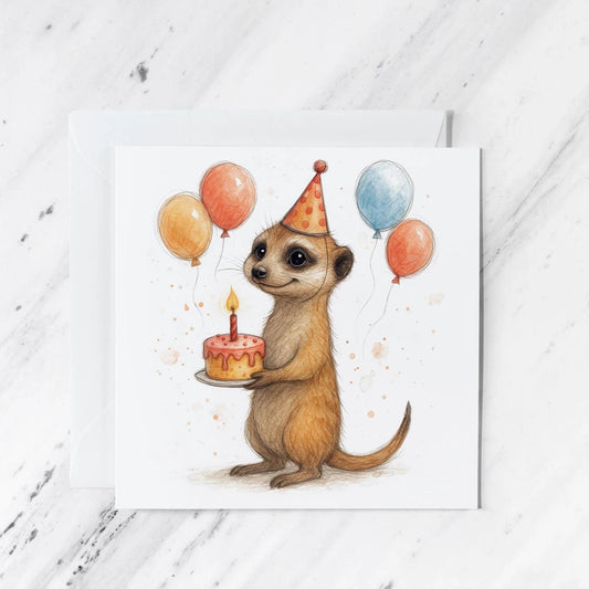 Meerkat Birthday Card featuring party hat, illustrated greeting card