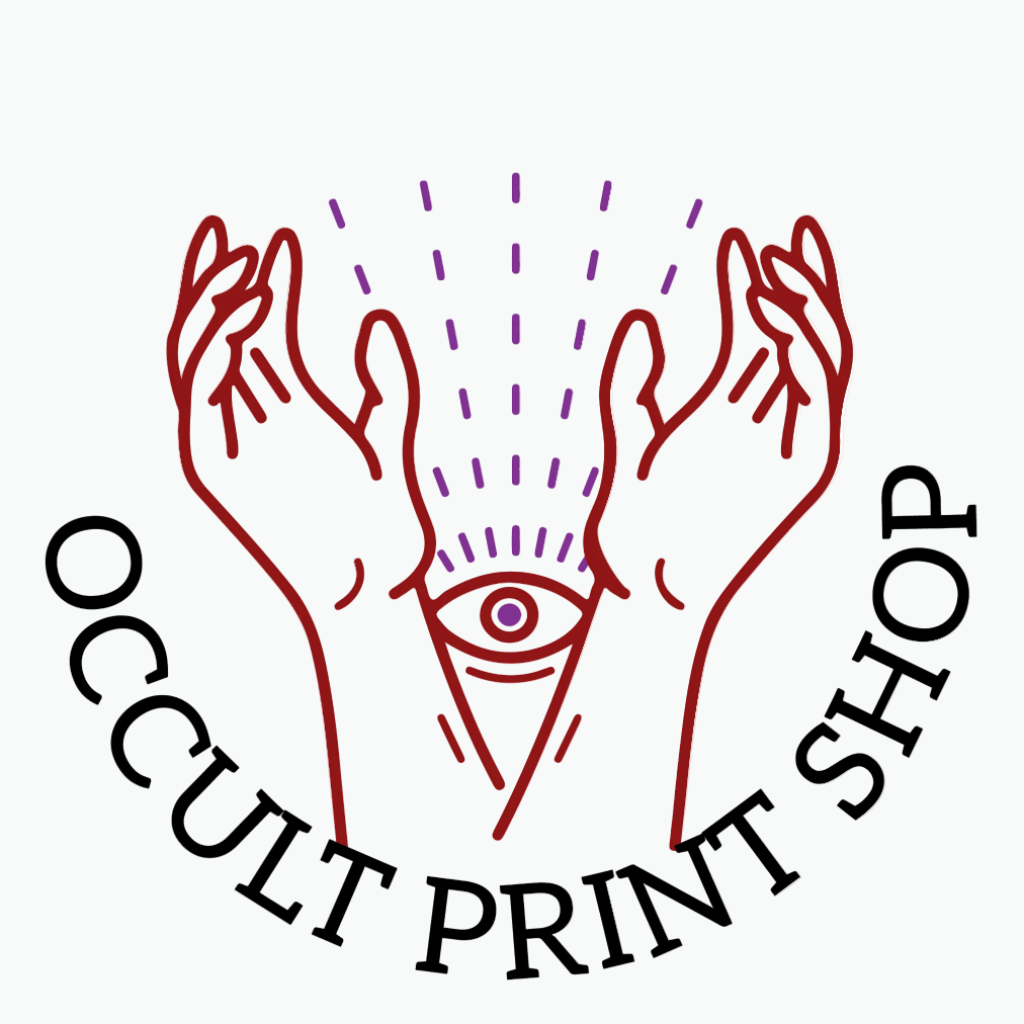 A graphic logo featuring a stylized red line drawing of two hands rising from a triangle with an all-seeing eye at the center and purple dashed rays above, with the words 'OCCULT PRINT SHOP' in black arched text below on a light gray background.