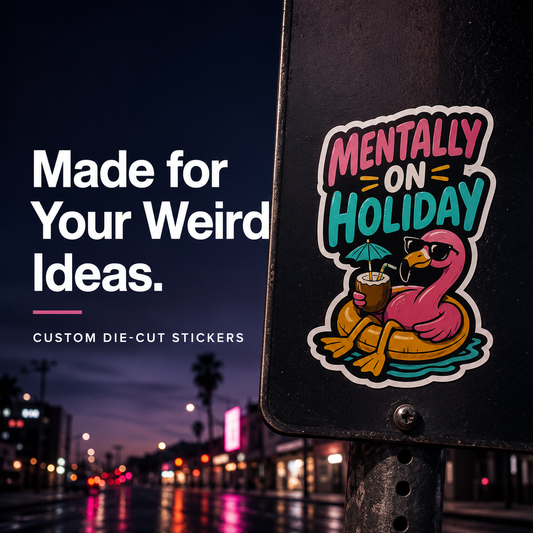 Custom die cut sticker shaped around customer-supplied artwork, alternative finished example.