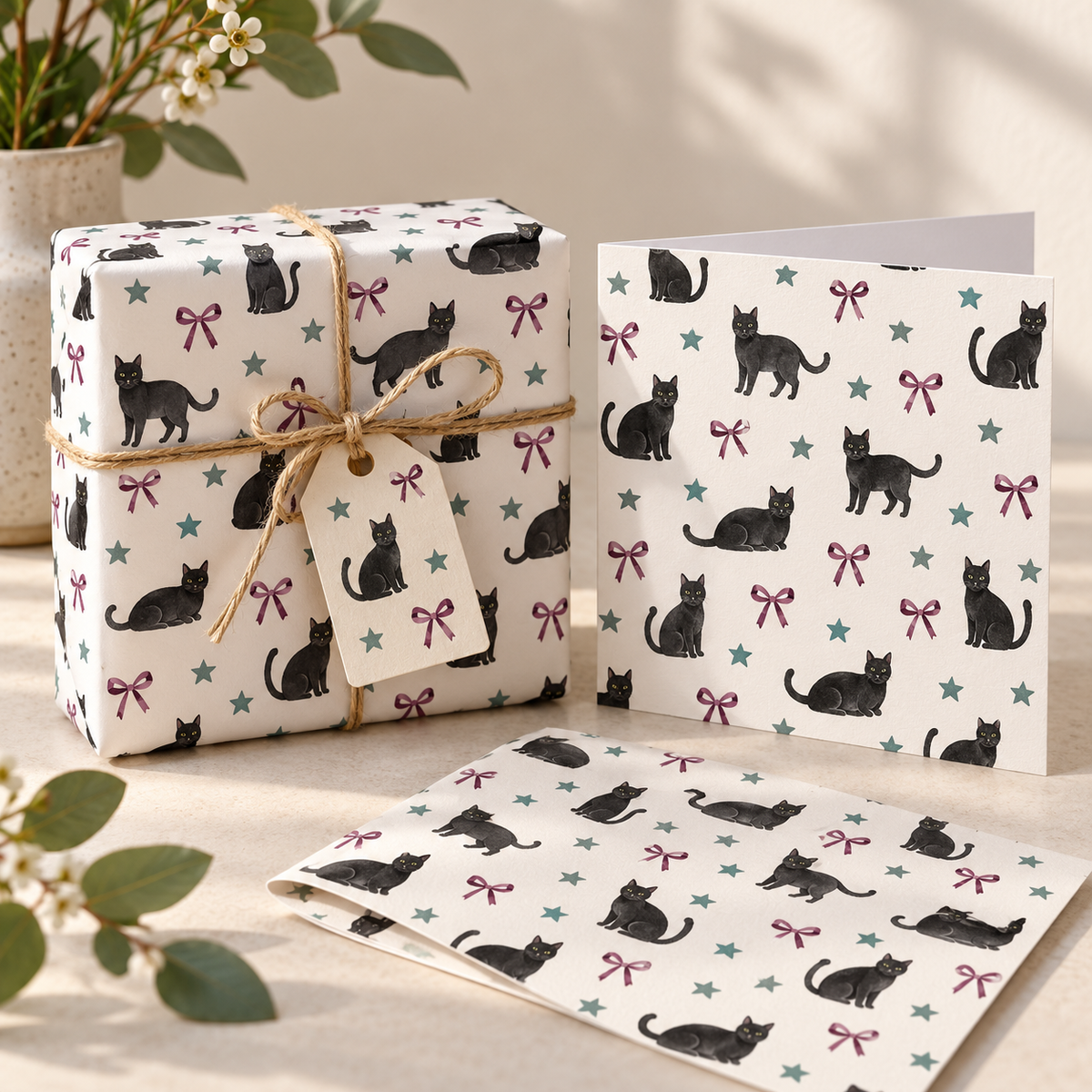 Illustrative coordinated gift wrap, personalised gift tags and greeting card.